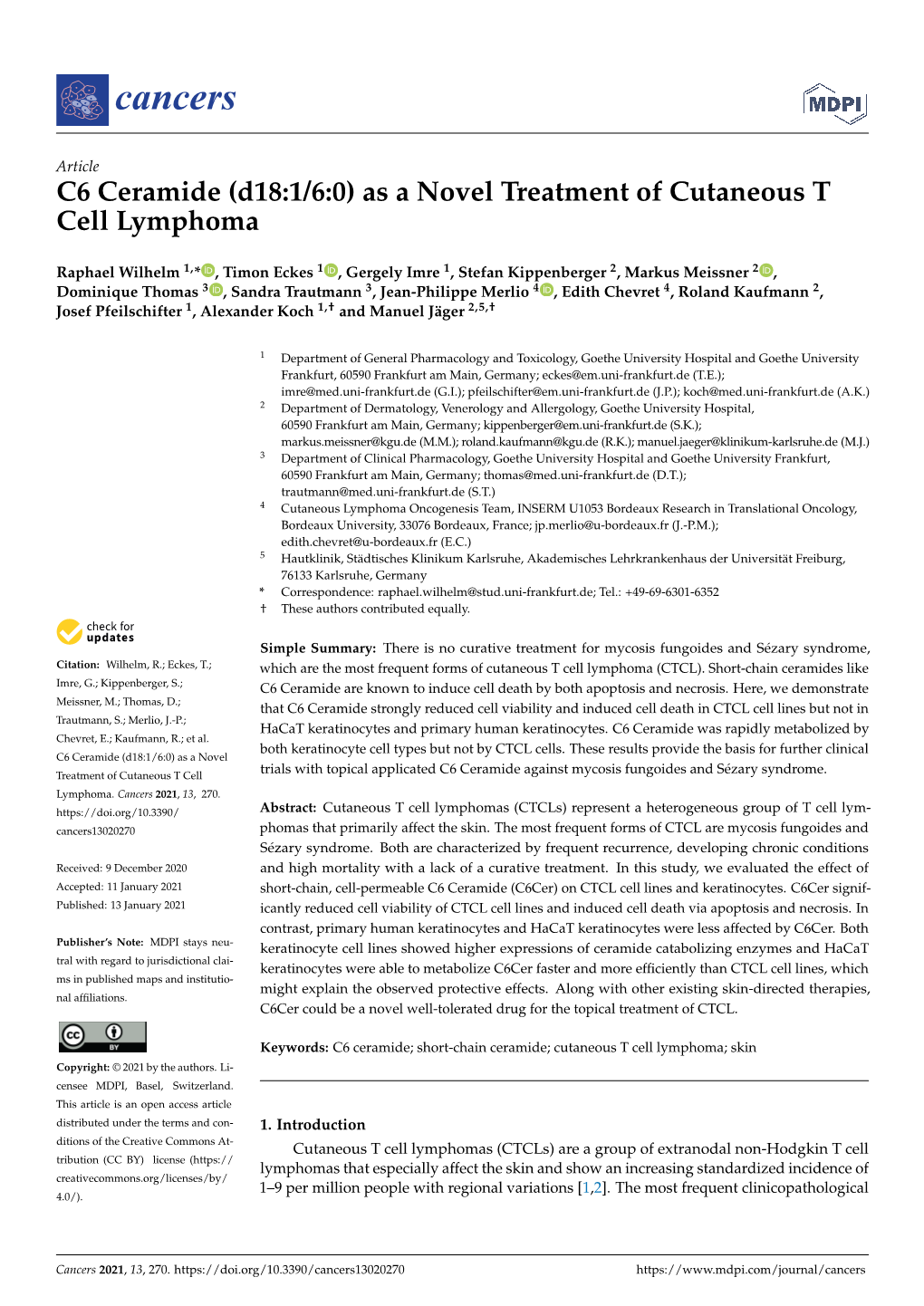 (D18:1/6:0) As a Novel Treatment of Cutaneous T Cell Lymphoma