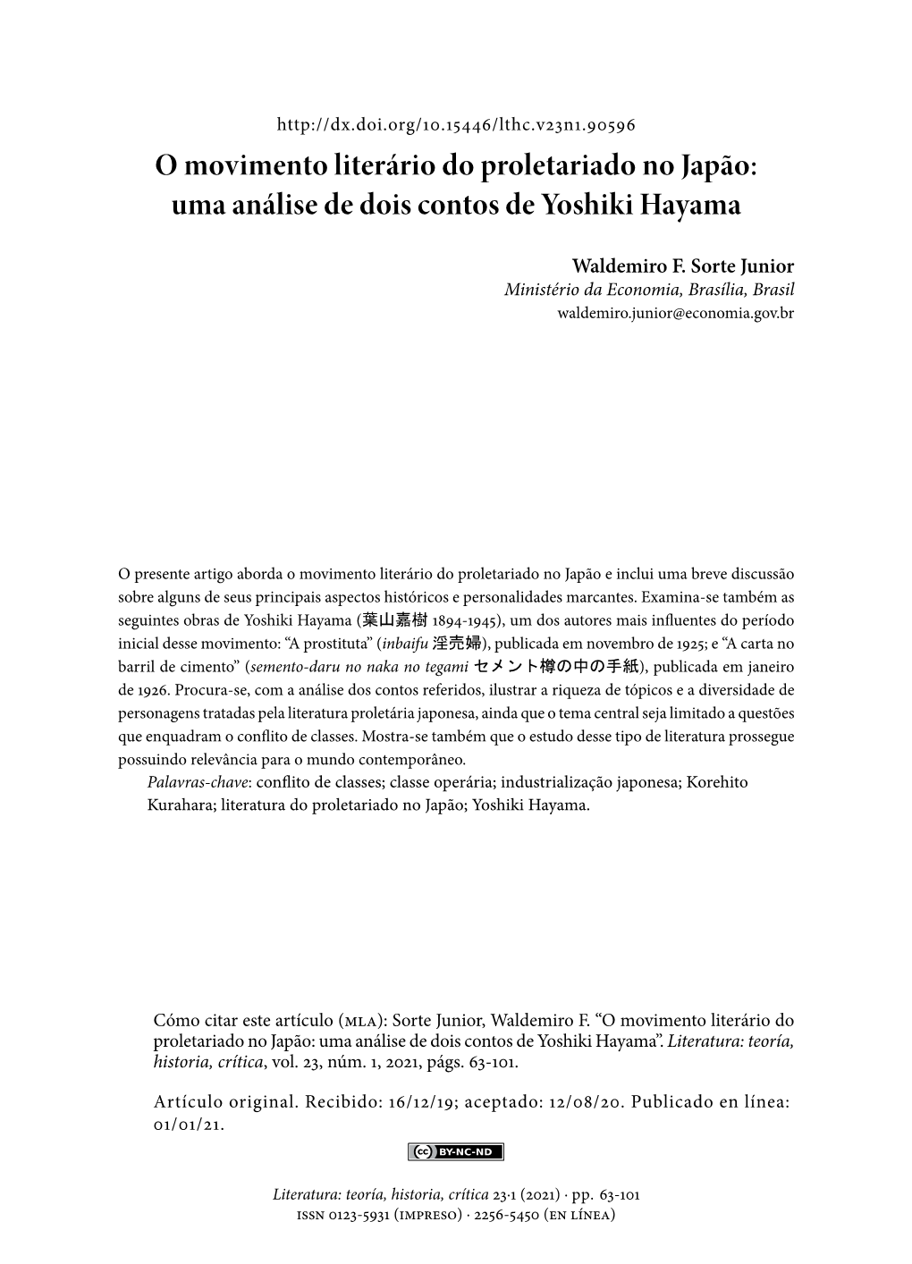 O Movimento Literário Do Proletariado No Japão: Uma Análise De Dois Contos De Yoshiki Hayama