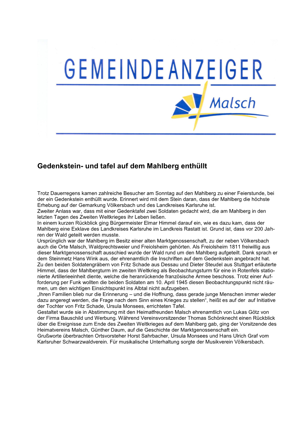 Gedenkstein- Und Tafel Auf Dem Mahlberg Enthüllt