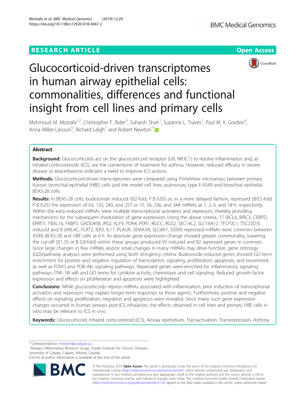 Glucocorticoid-Driven Transcriptomes in Human Airway Epithelial Cells: Commonalities, Differences and Functional Insight from Cell Lines and Primary Cells Mahmoud M