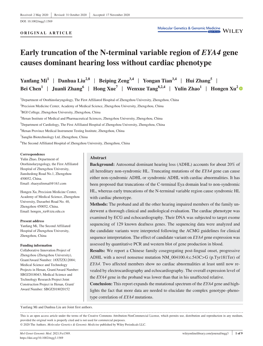 Terminal Variable Region of EYA4 Gene Causes Dominant Hearing Loss Without Cardiac Phenotype