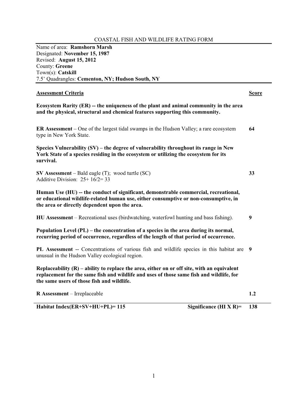 Coastal Fish and Wildlife Rating Form