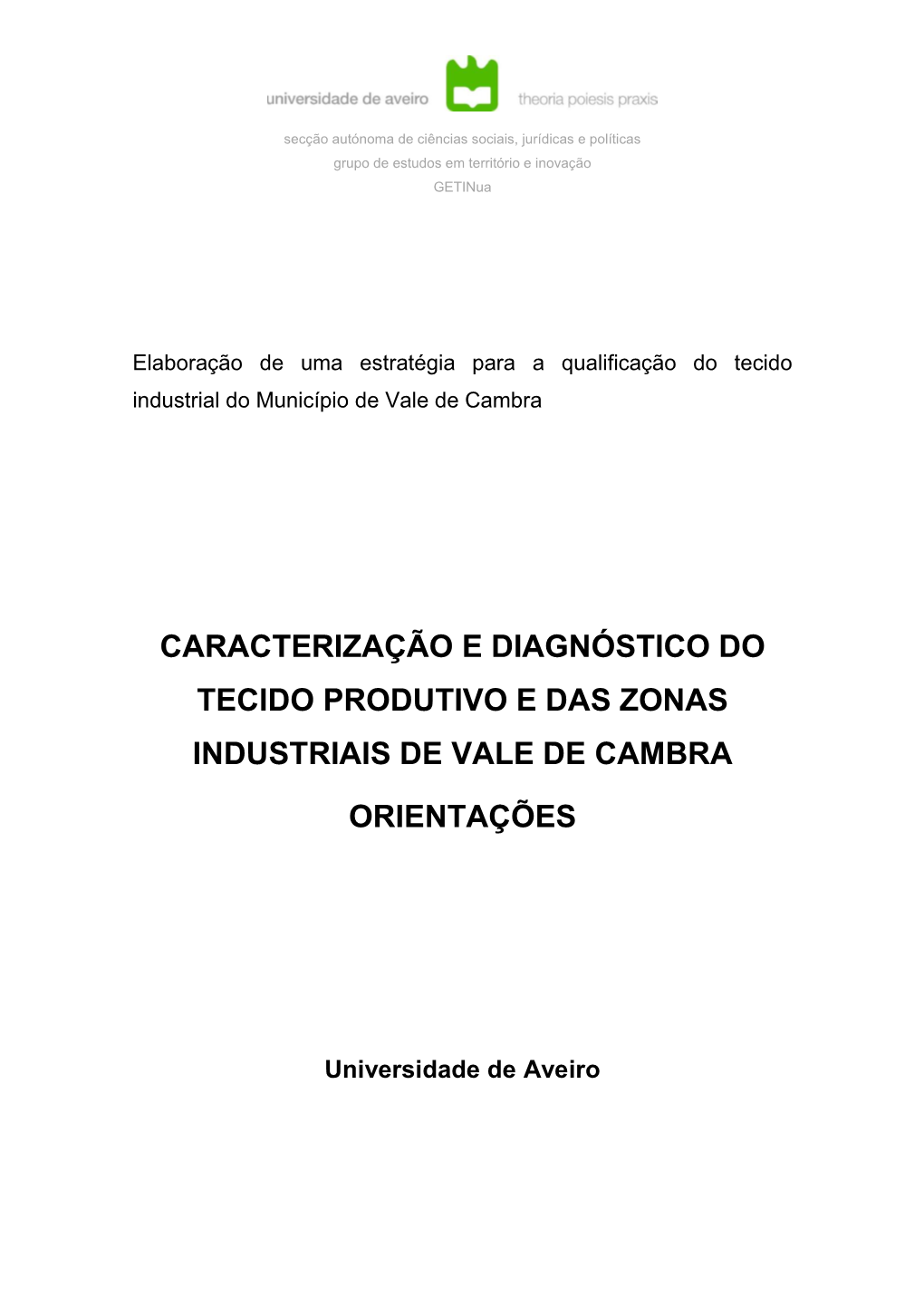 Caracterização E Diagnóstico Do Tecido Produtivo E Das Zonas Industriais De Vale De Cambra