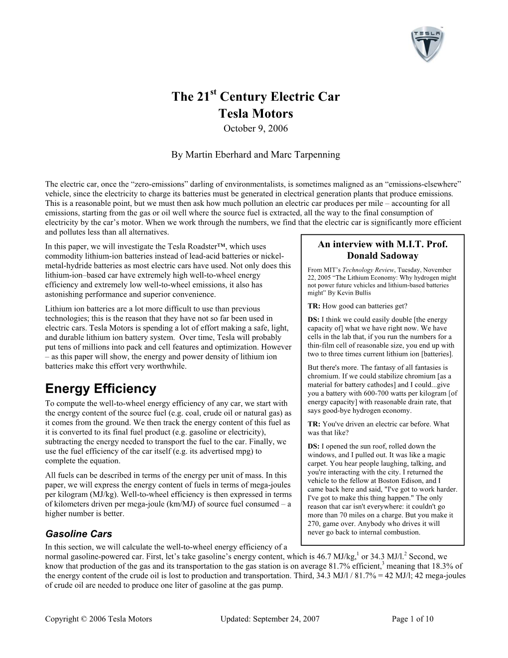 The 21 Century Electric Car Tesla Motors Energy Efficiency