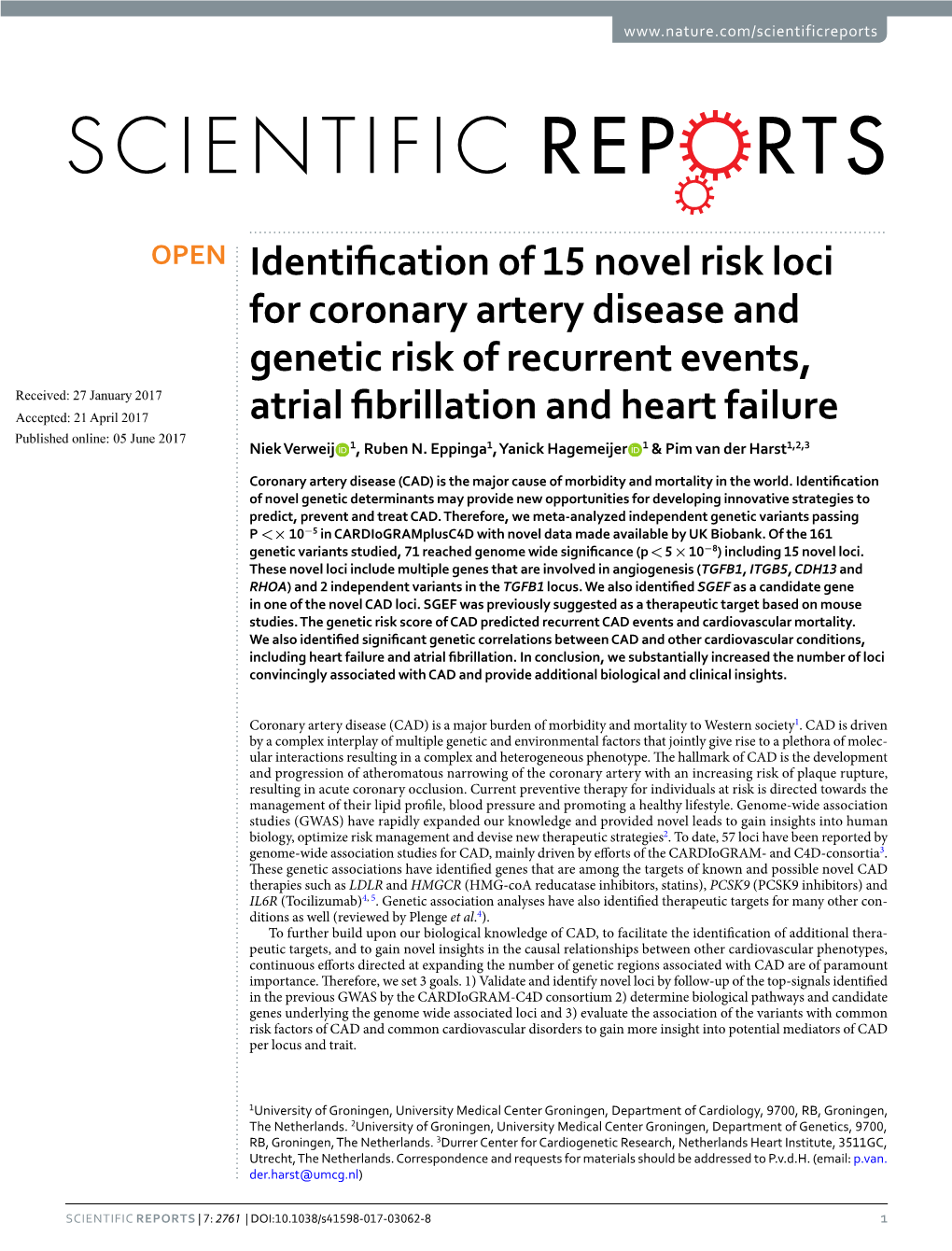 Identification of 15 Novel Risk Loci for Coronary Artery Disease and Genetic