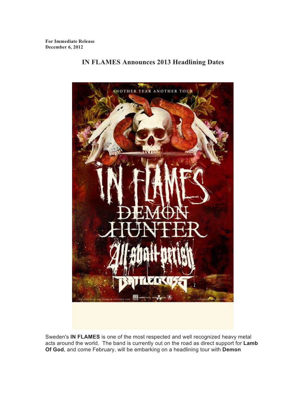 IN FLAMES Announces 2013 Headlining Dates
