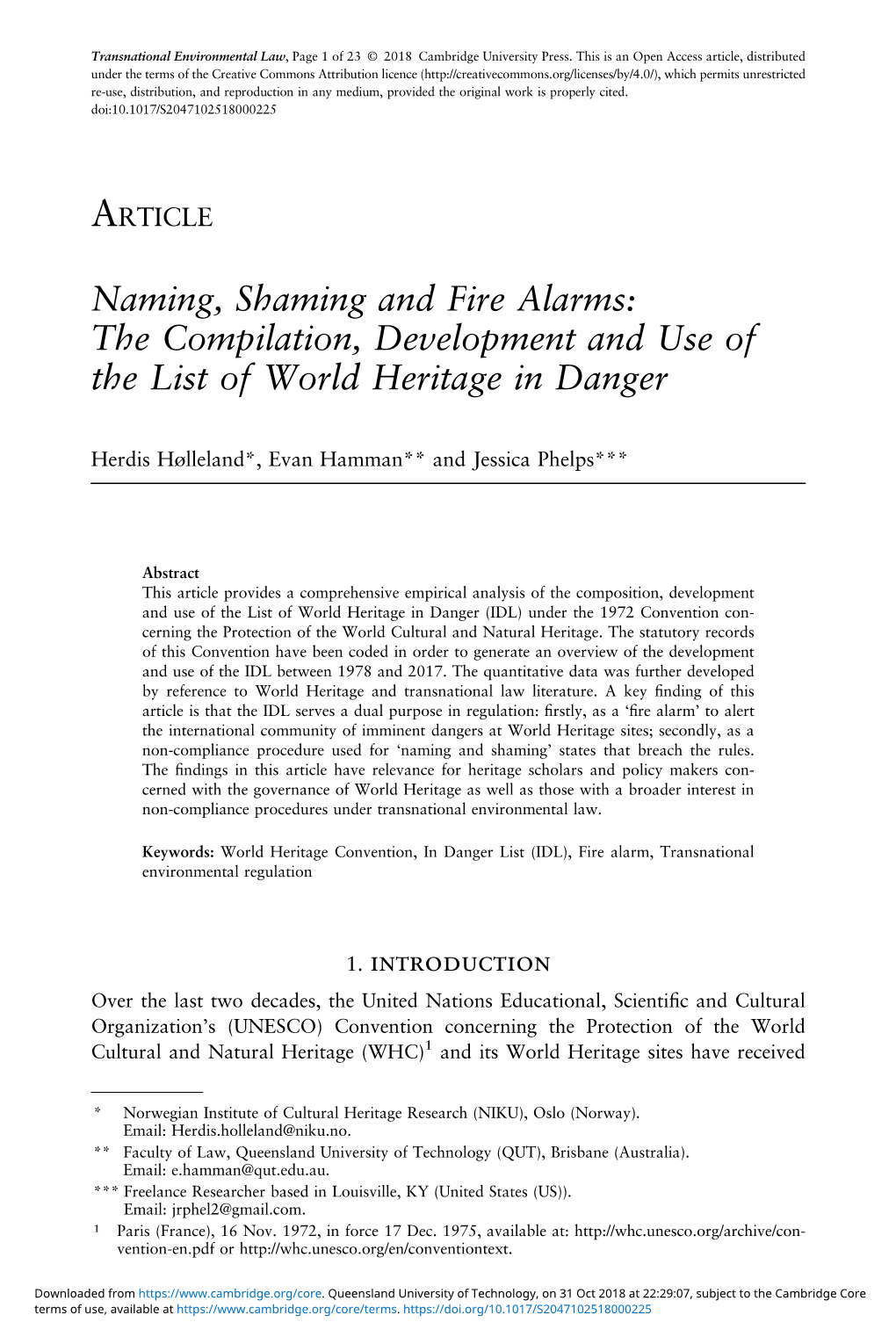 The Compilation, Development and Use of the List of World Heritage in Danger