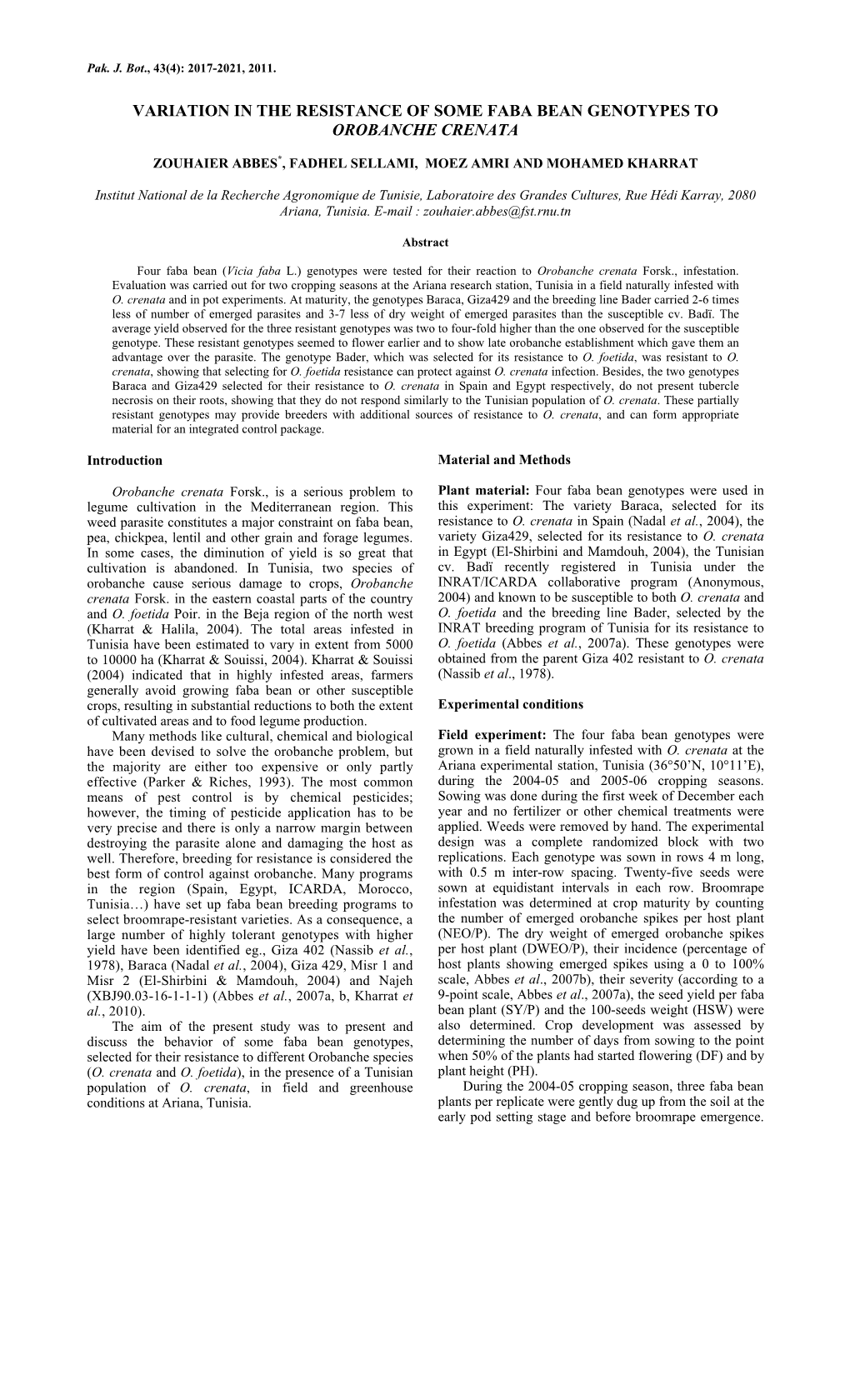 Variation in the Resistance of Some Faba Bean Genotypes to Orobanche Crenata