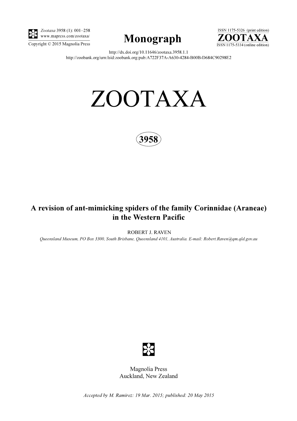 A Revision of Ant-Mimicking Spiders of the Family Corinnidae (Araneae) in the Western Pacific