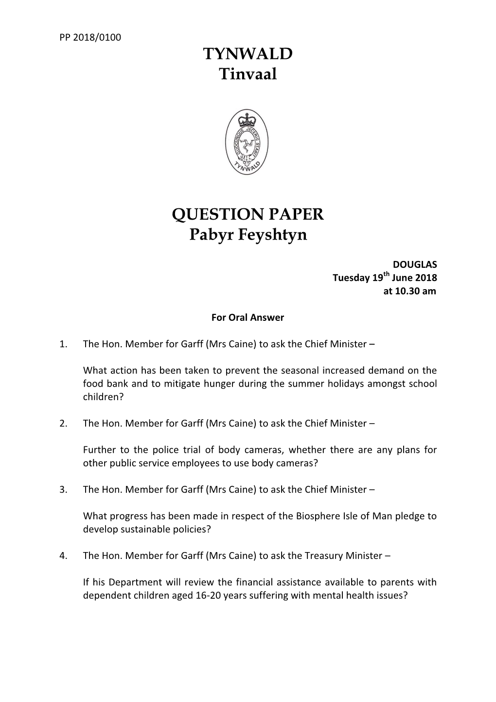 Tynwald Court Question Paper