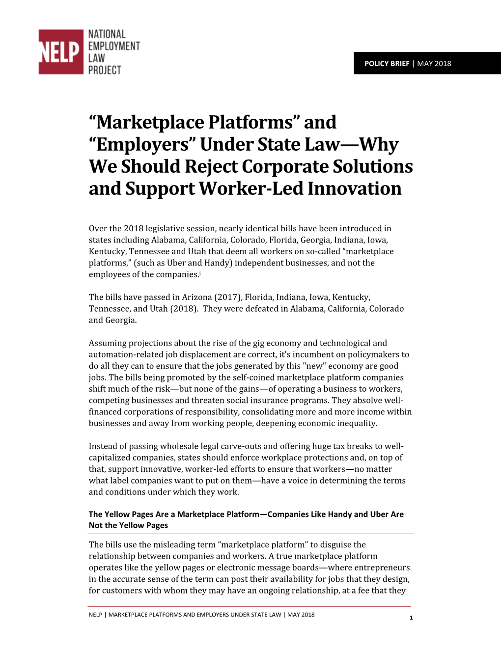 “Marketplace Platforms” and “Employers” Under State Law—Why We Should Reject Corporate Solutions and Support Worker-Led Innovation