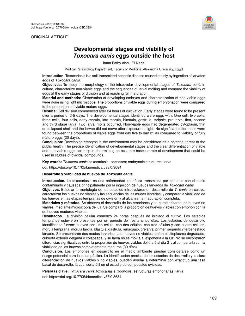 Developmental Stages and Viability of Toxocara Canis