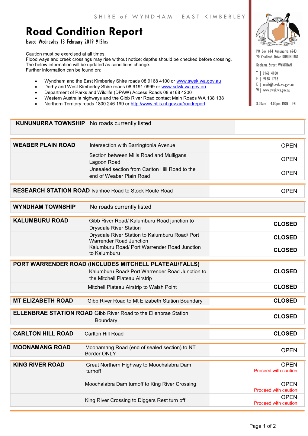 Road Condition Report Issued Wednesday 13 February 2019 915Hrs