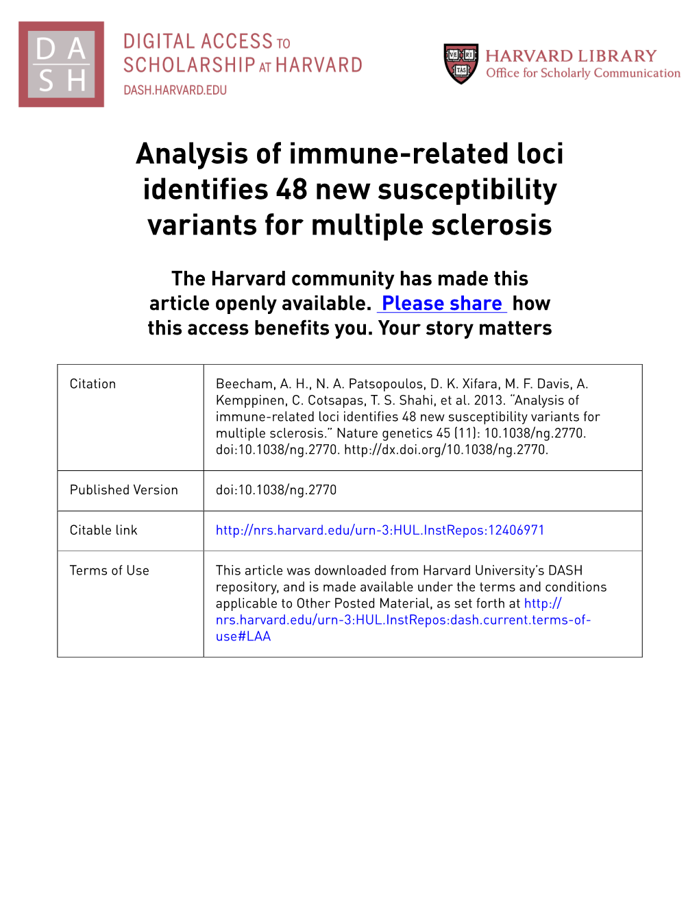 Analysis of Immune-Related Loci Identifies 48 New Susceptibility Variants for Multiple Sclerosis