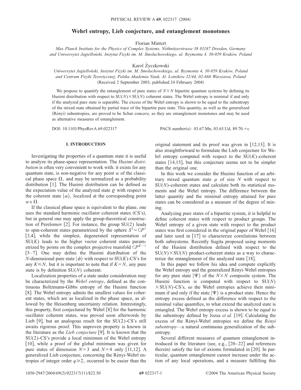 Wehrl Entropy, Lieb Conjecture, and Entanglement Monotones