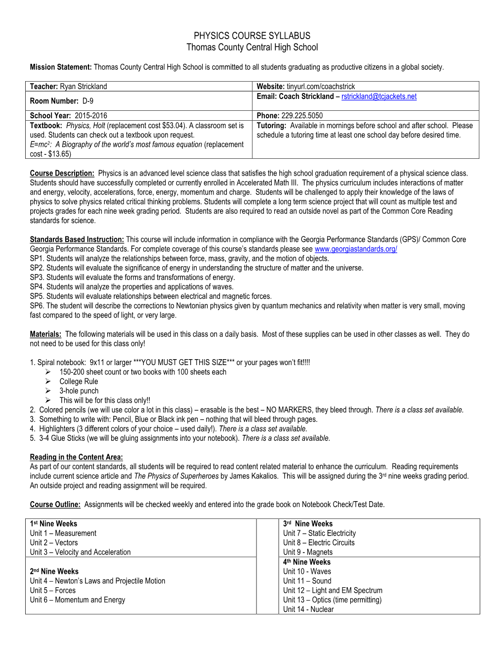 PHYSICS COURSE SYLLABUS Thomas County Central High School