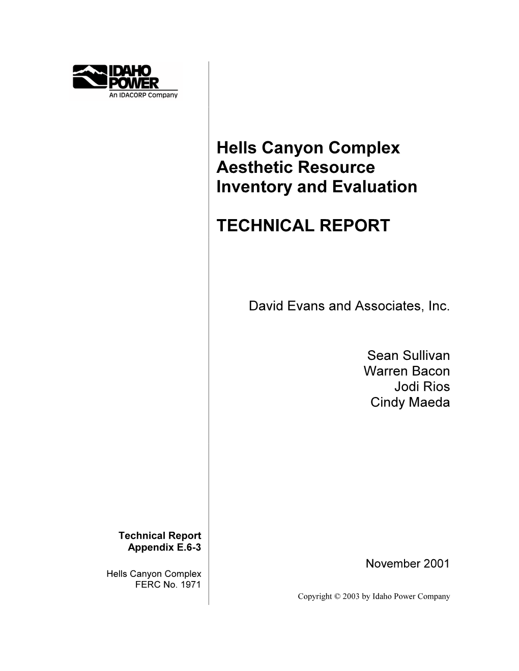 Hells Canyon Complex Aesthetic Resource Inventory and Evaluation Idaho Power Company