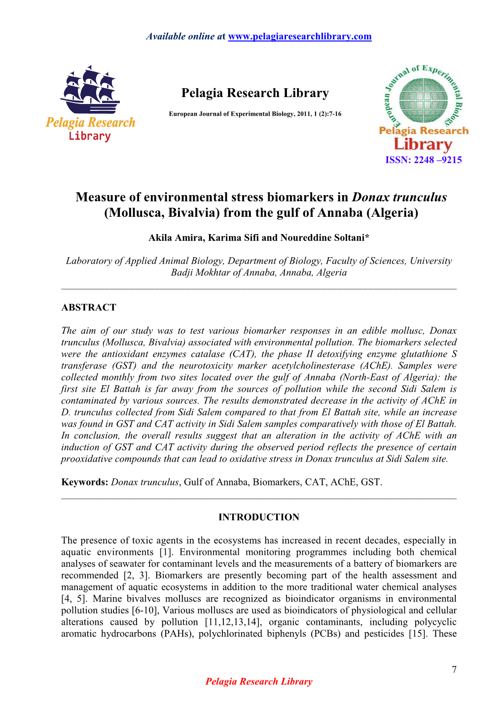 Pelagia Research Library Measure of Environmental Stress Biomarkers In