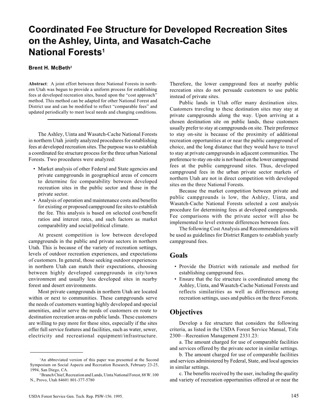 Coordinated Fee Structure for Developed Recreation Sites on the Ashley, Uinta, and Wasatch-Cache National Forests1