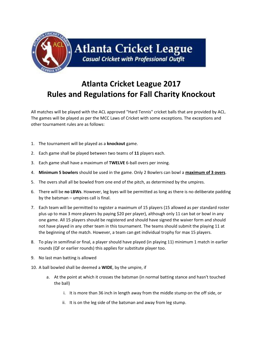 Atlanta Cricket League 2017 Rules and Regulations for Fall Charity Knockout