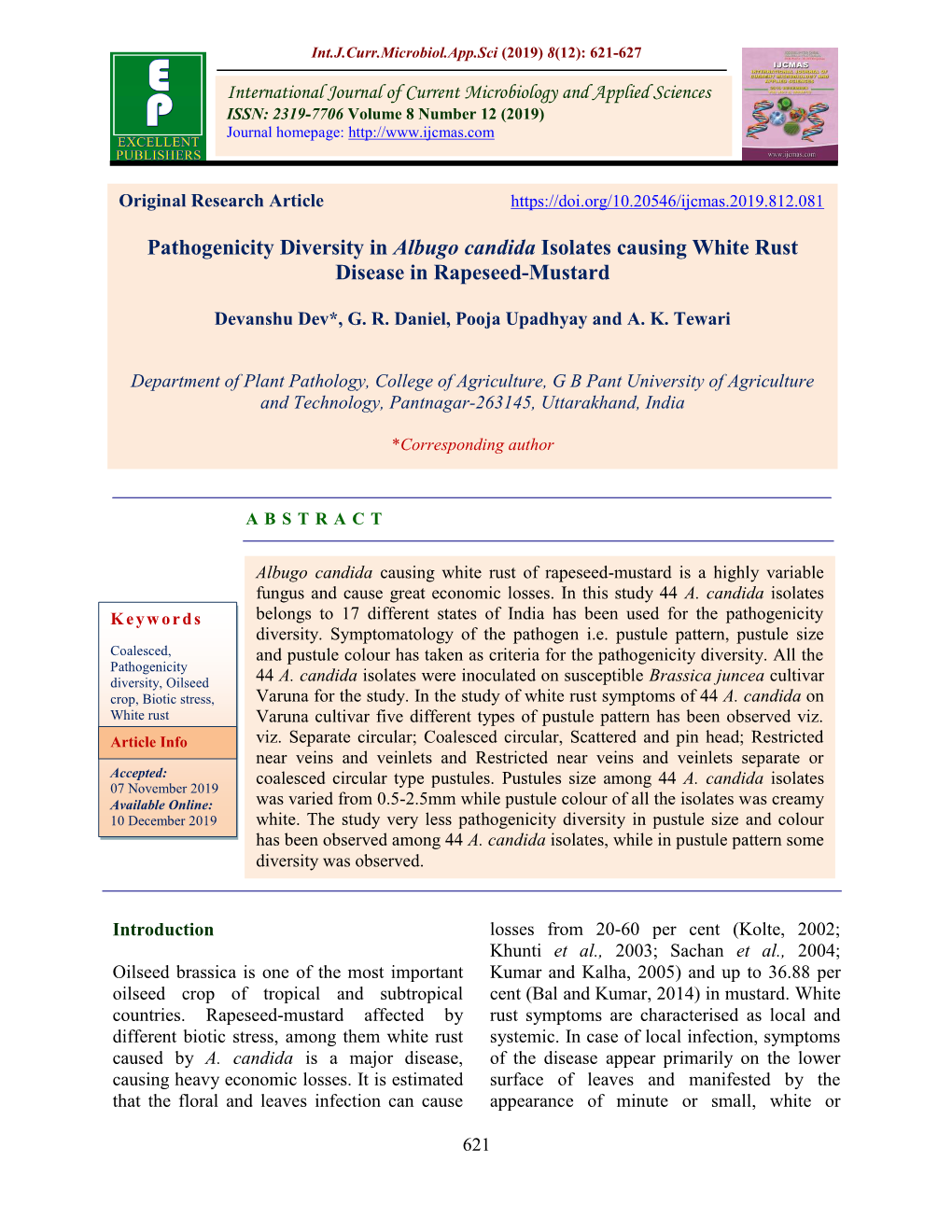 Pathogenicity Diversity in Albugo Candida Isolates Causing White Rust Disease in Rapeseed-Mustard