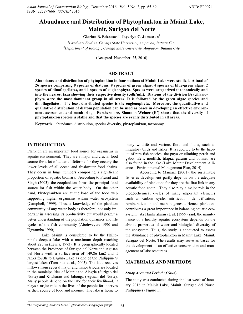 Abundance and Distribution of Phytoplankton in Mainit Lake, Mainit, Surigao Del Norte