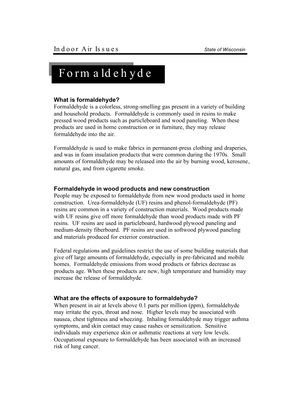 Indoor Air Issues -- Formaldehyde Fact Sheet (PDF Format)