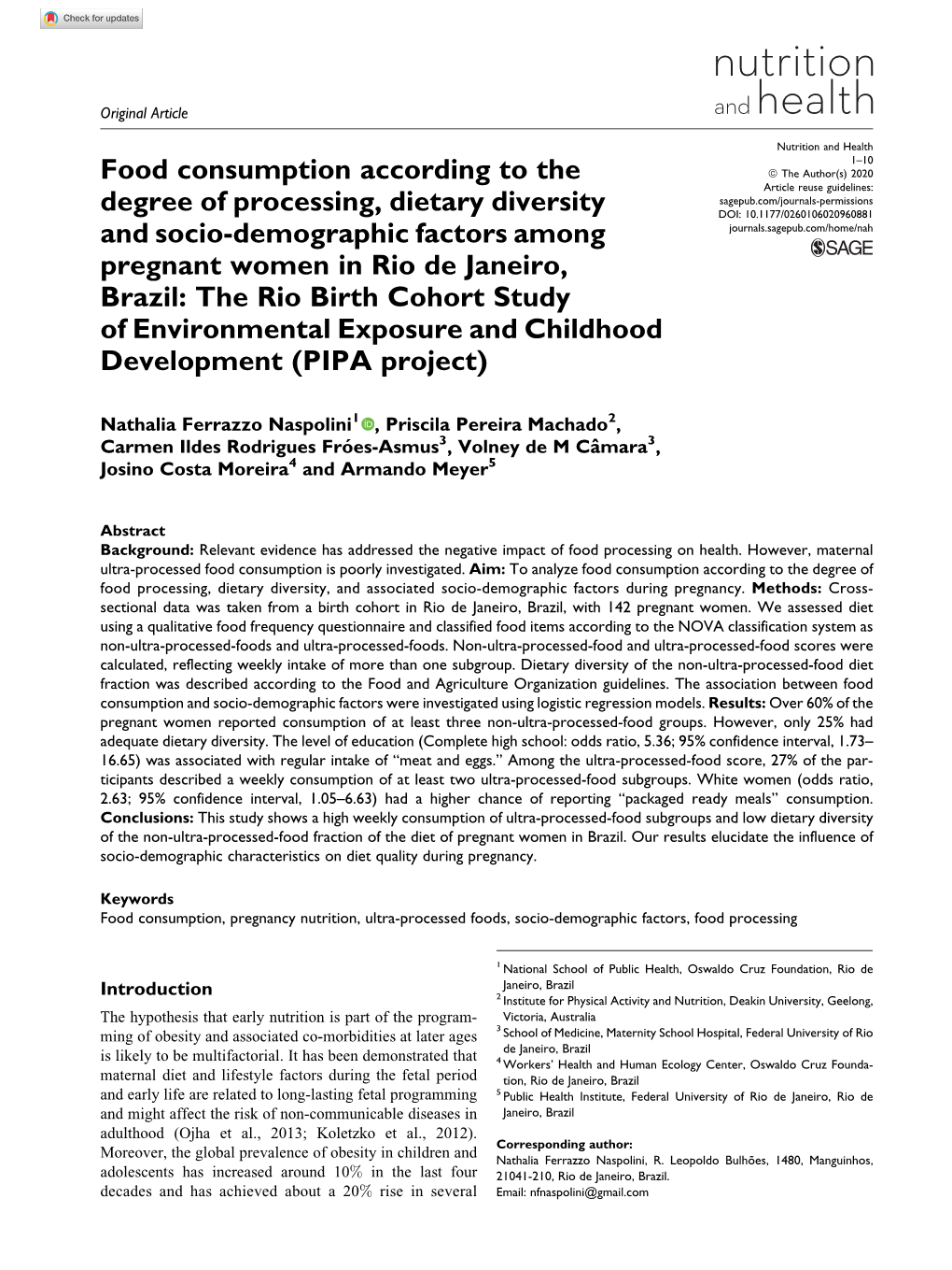 Food Consumption According to the Degree of Processing, Dietary