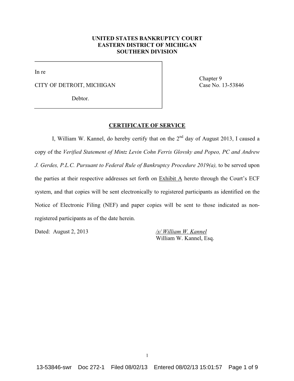 UNITED STATES BANKRUPTCY COURT EASTERN DISTRICT of MICHIGAN SOUTHERN DIVISION in Re CITY of DETROIT, MICHIGAN Debtor. Chapter 9