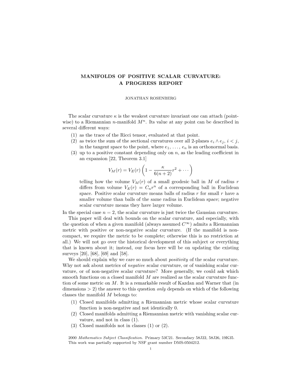 Manifolds of Positive Scalar Curvature: a Progress Report