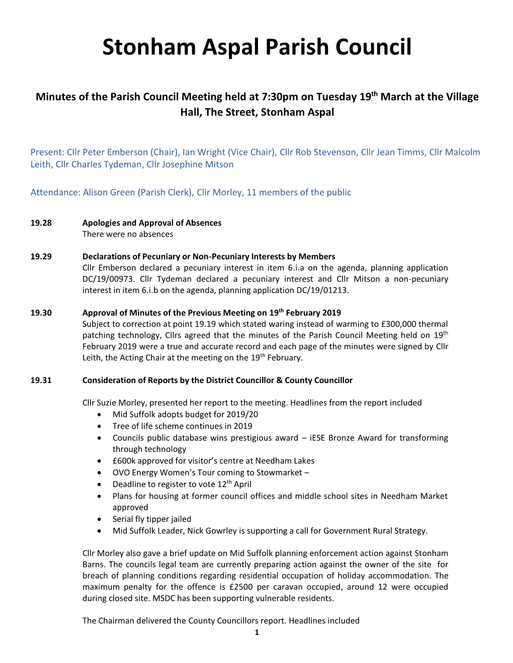 Parish Council Meeting on 19Th March
