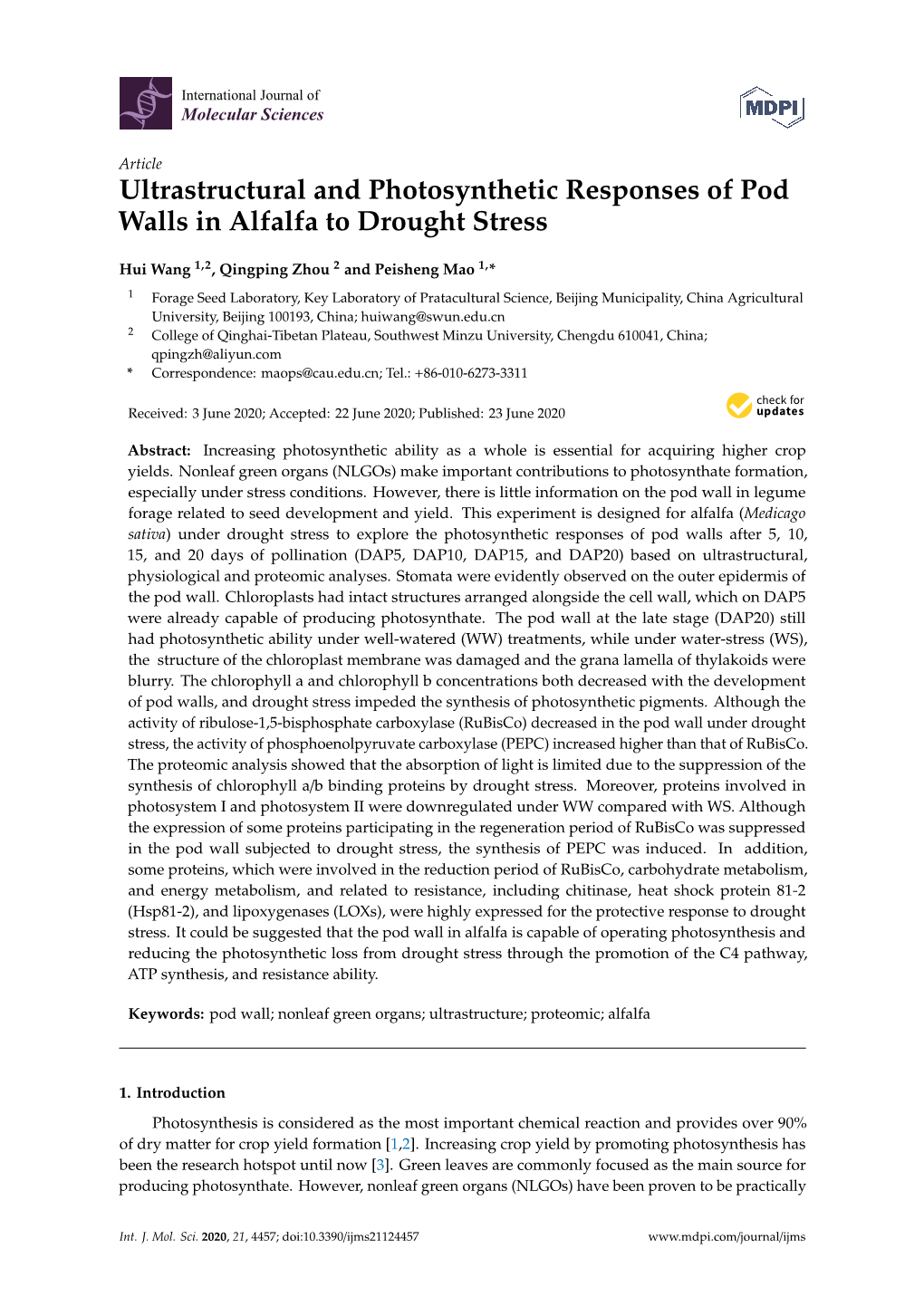 Ultrastructural and Photosynthetic Responses of Pod Walls in Alfalfa to Drought Stress