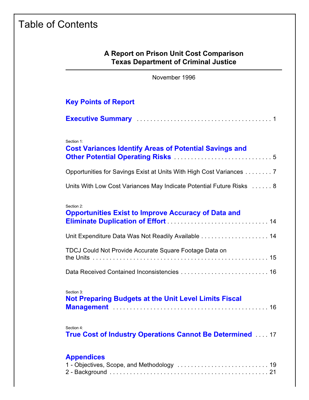 A Report on Prison Unit Cost Comparison Texas Department of Criminal Justice