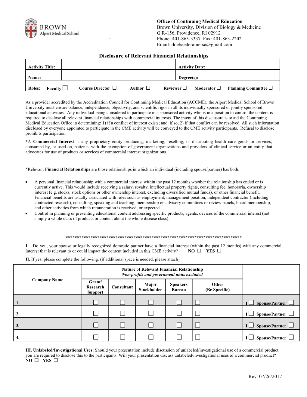 Faculty Disclosure of Relevant Financial Relationships