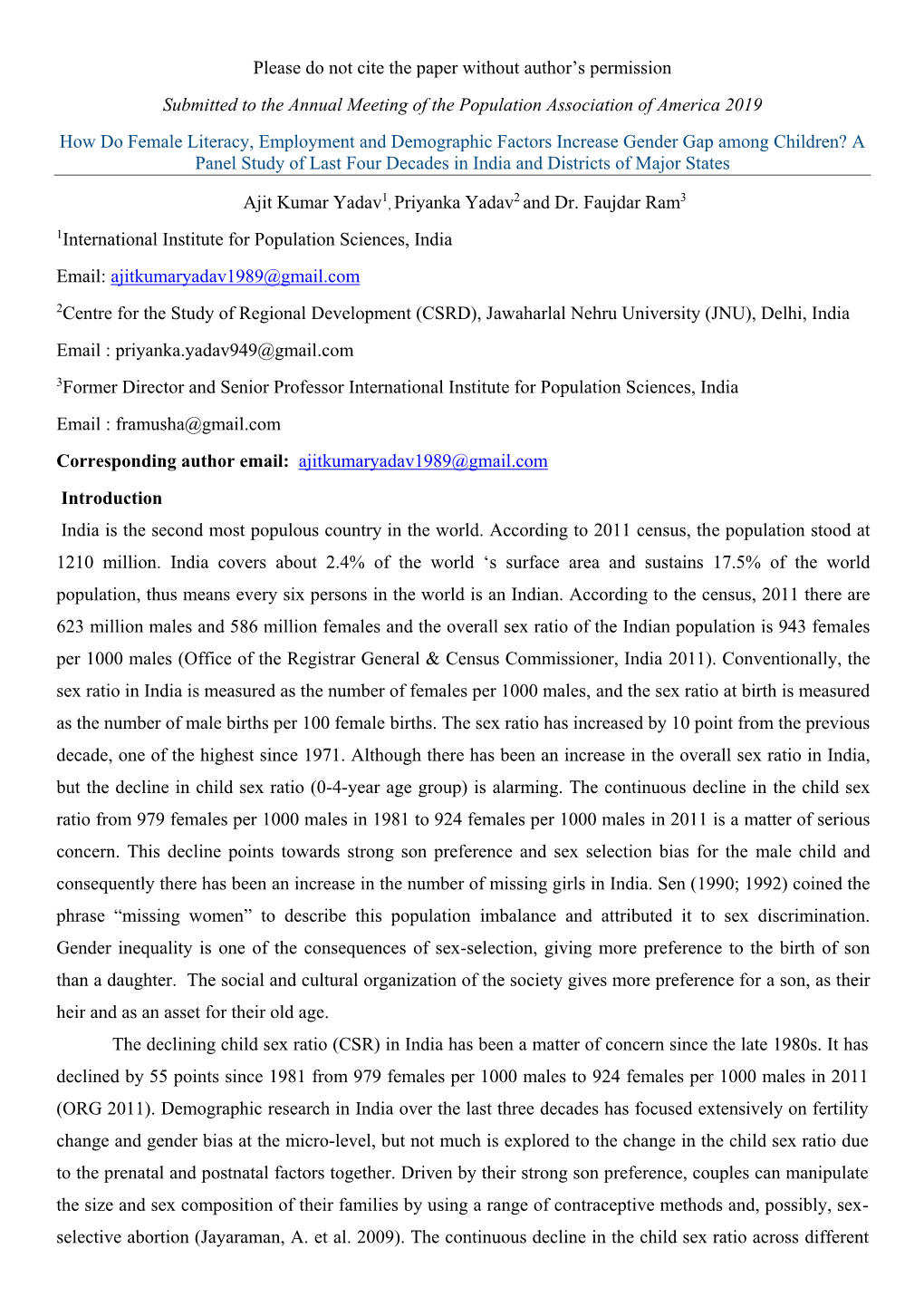 Please Do Not Cite the Paper Without Author's Permission Submitted to the Annual Meeting of the Population Association of Amer