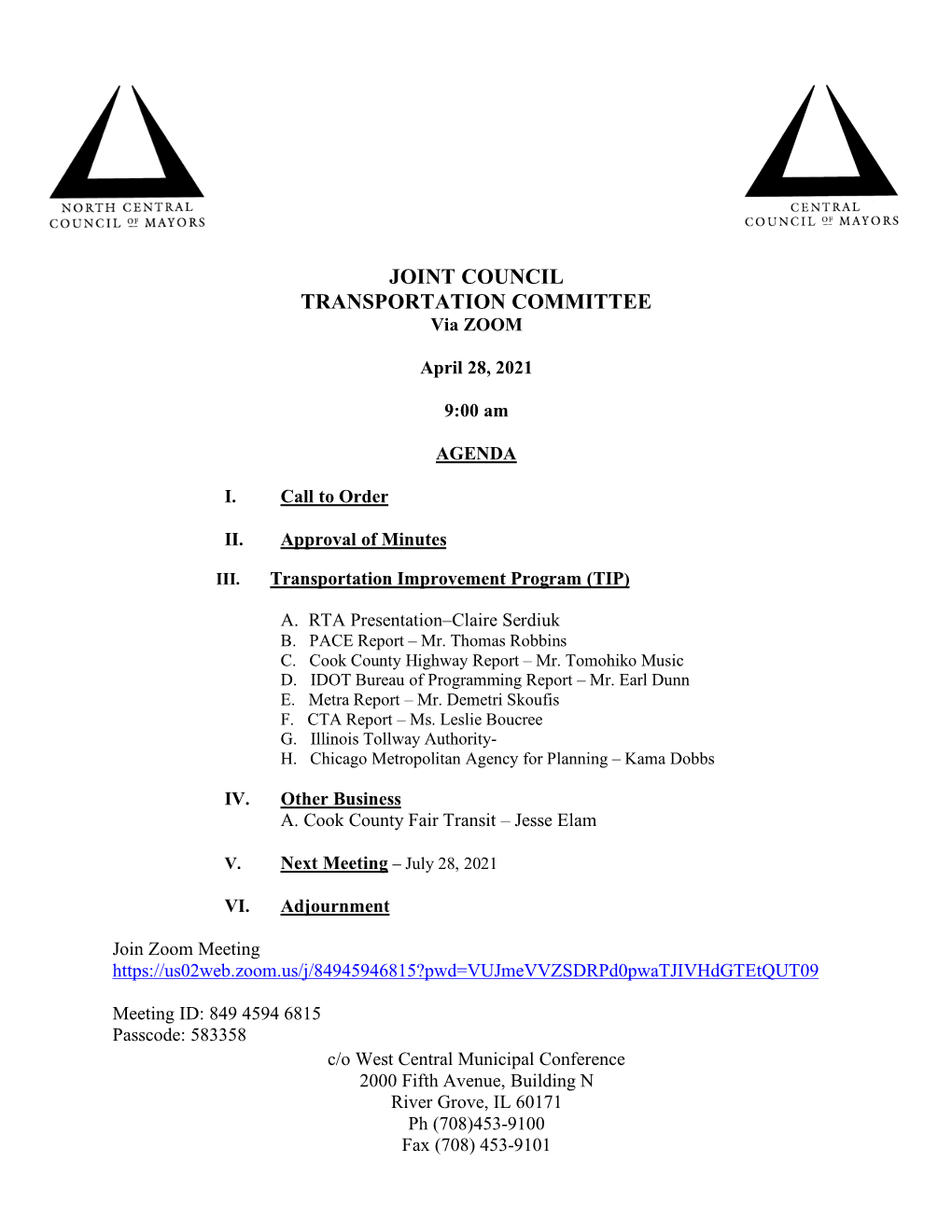 JOINT COUNCIL TRANSPORTATION COMMITTEE Via ZOOM