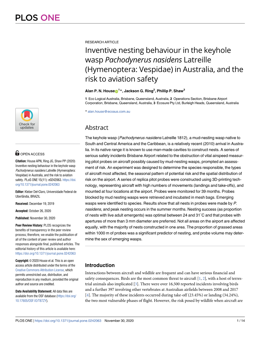 Inventive Nesting Behaviour in the Keyhole Wasp Pachodynerus Nasidens Latreille (Hymenoptera: Vespidae) in Australia, and the Risk to Aviation Safety