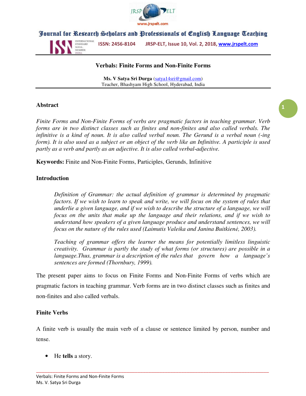 1 Verbals: Finite Forms and Non-Finite Forms Abstract Finite Forms and Non-Finite Forms of Verbs Are Pragmatic Factors in Teach