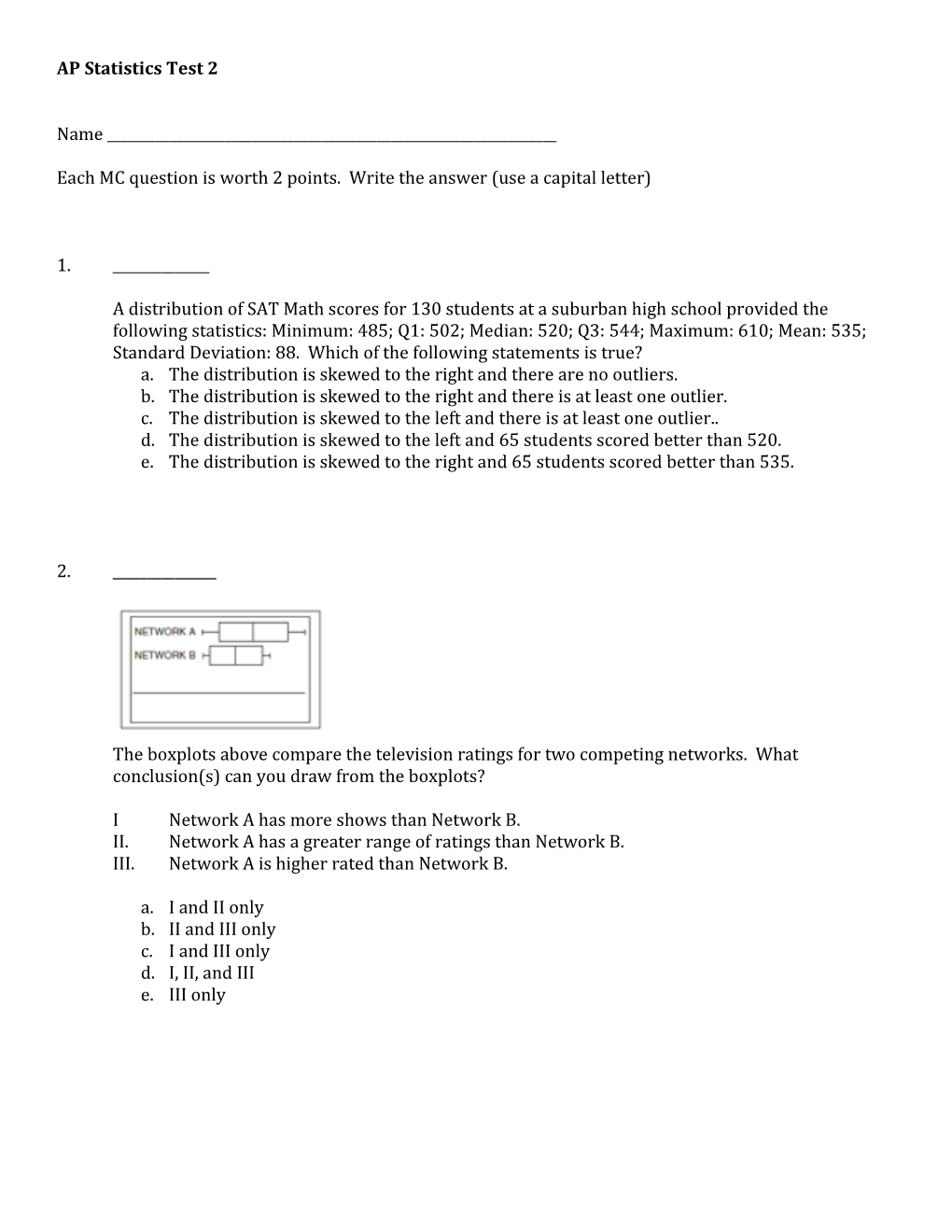 AP Statistics Test 2