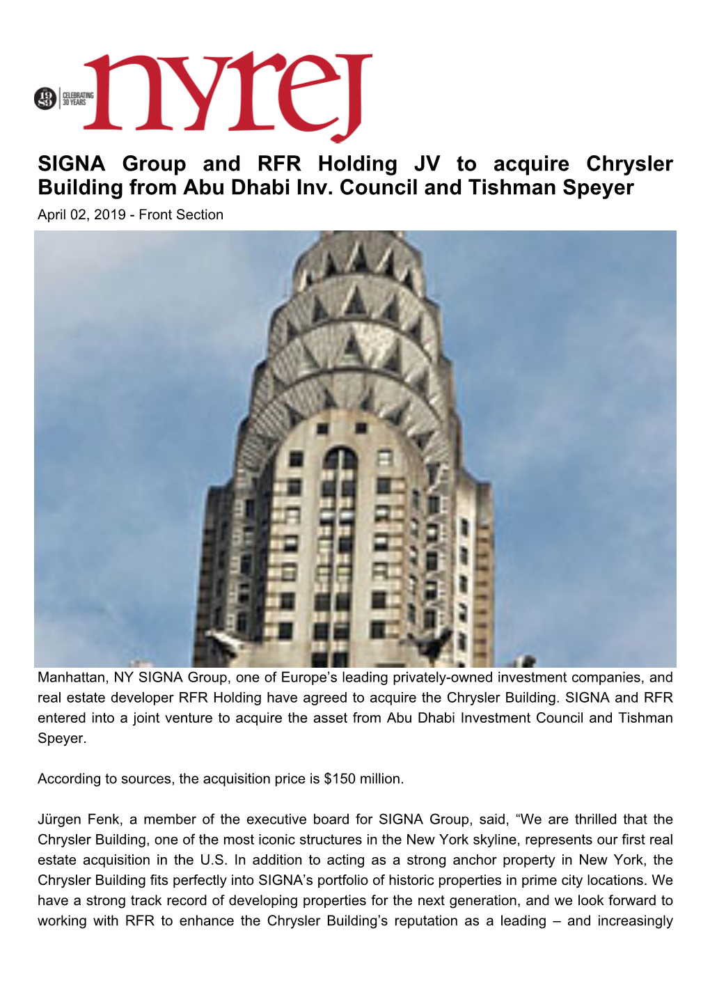 SIGNA Group and RFR Holding JV to Acquire Chrysler Building from Abu Dhabi Inv