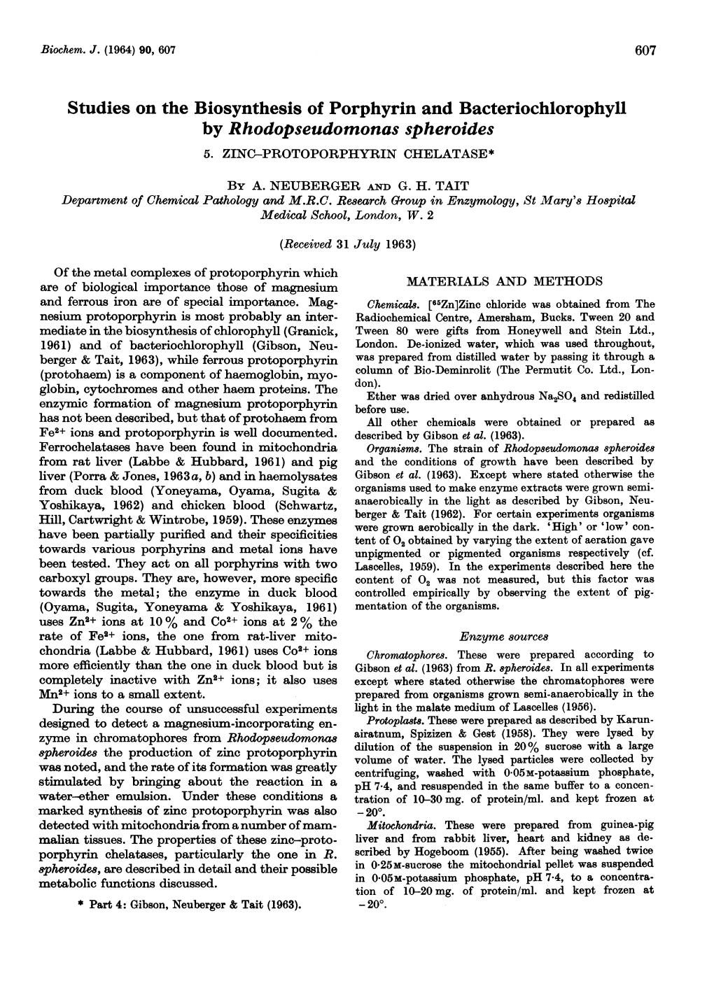 Studies on the Biosynthesis of Porphyrin and Bacteriochlorophyll by Rhodopseudomonas Spheroides 5