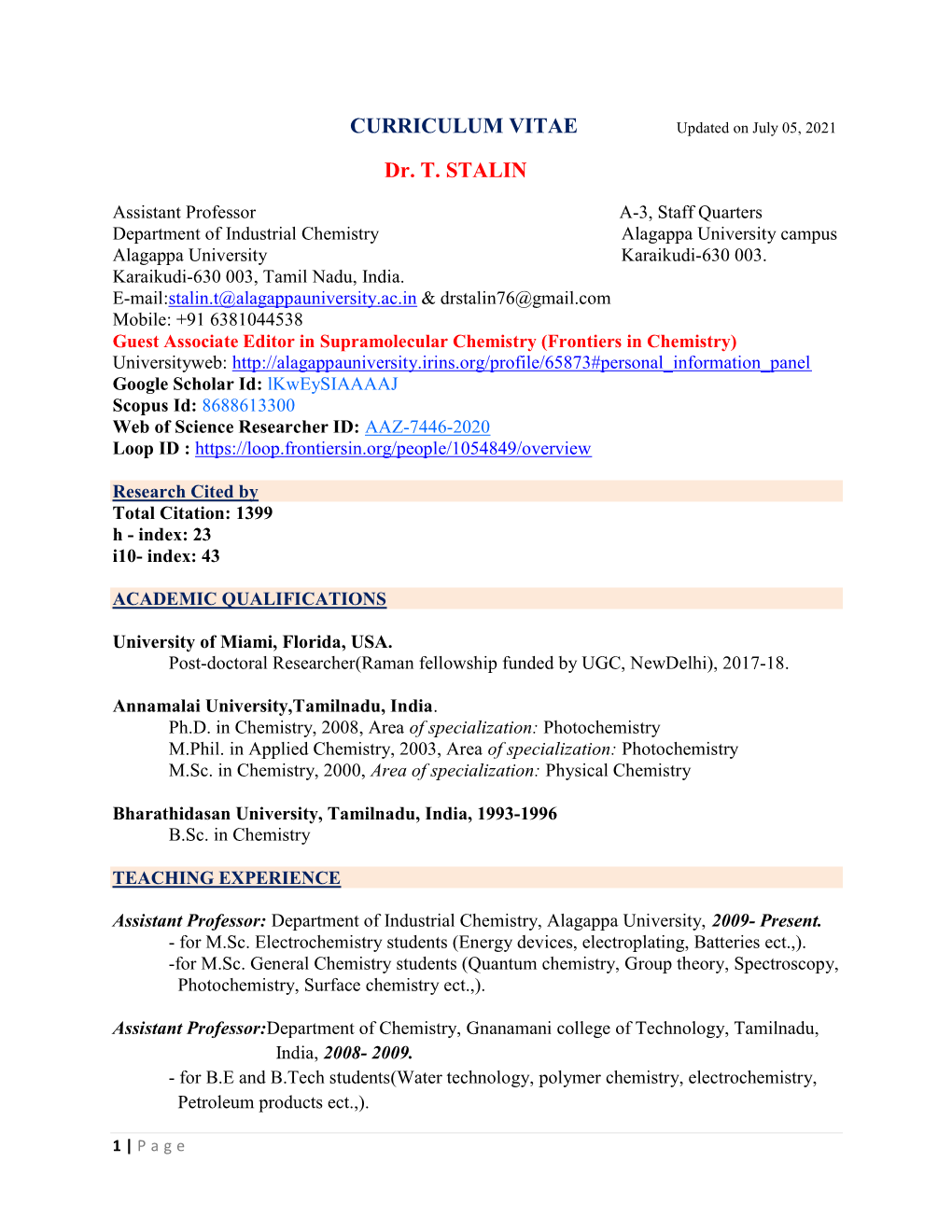 CURRICULUM VITAE Dr. T. STALIN