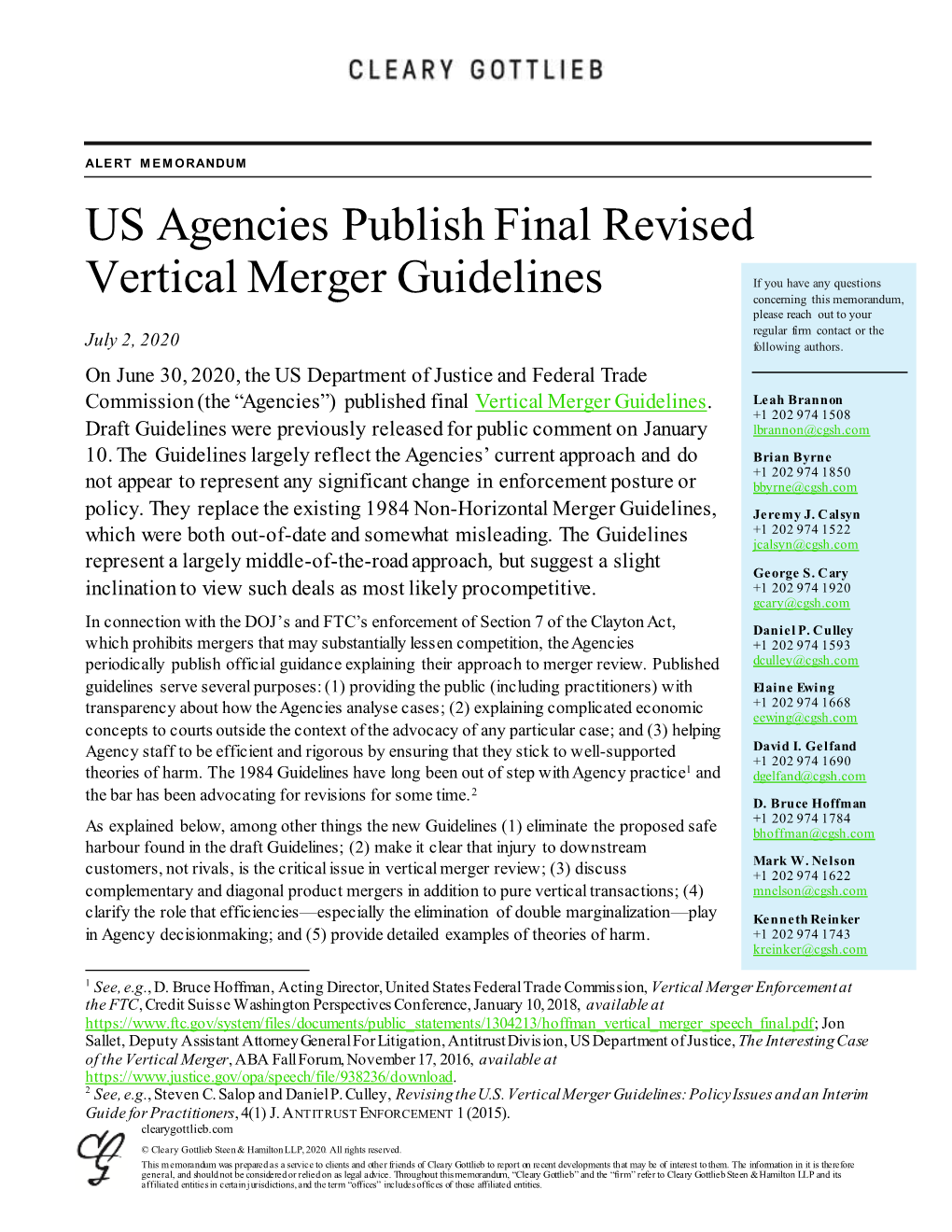 US Agencies Publish Final Revised Vertical Merger Guidelines