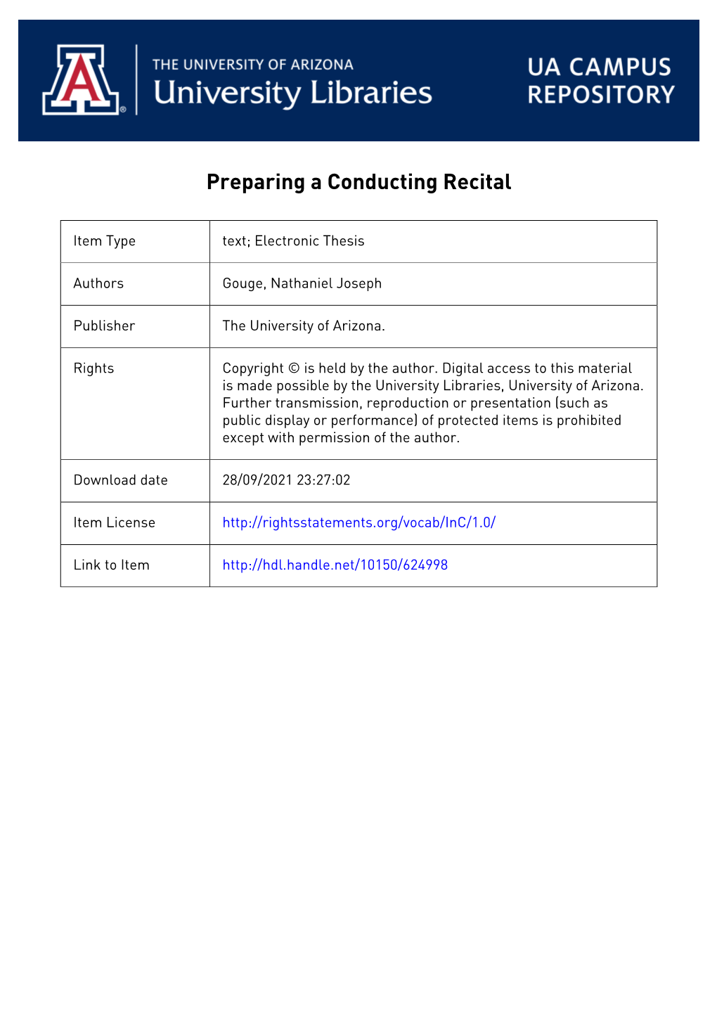 PREPARING a CONDUCTING RECITAL by NATHANIEL JOSEPH GOUGE