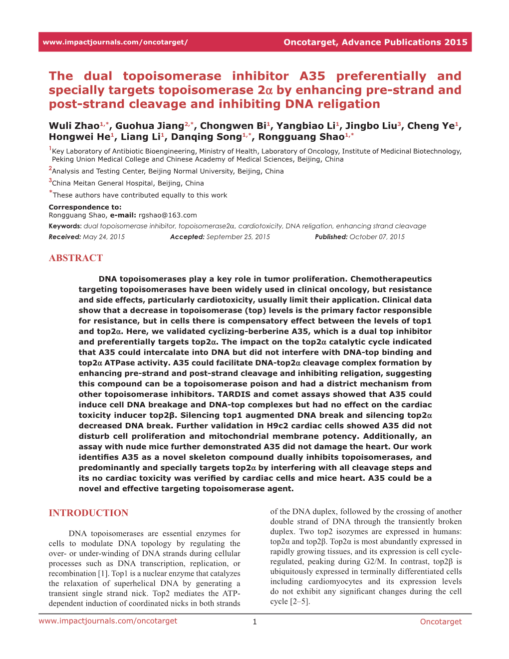 The Dual Topoisomerase Inhibitor A35 Preferentially and Specially Targets Topoisomerase 2A by Enhancing Pre-Strand and Post-Stra