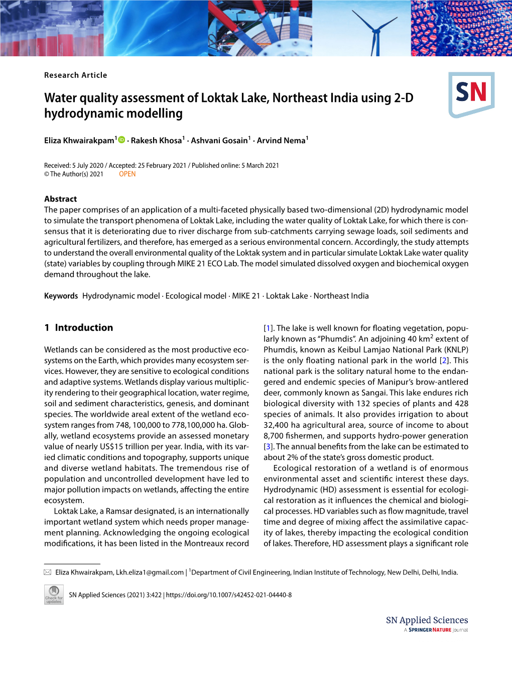 Water Quality Assessment of Loktak Lake, Northeast India Using 2-D Hydrodynamic Modelling