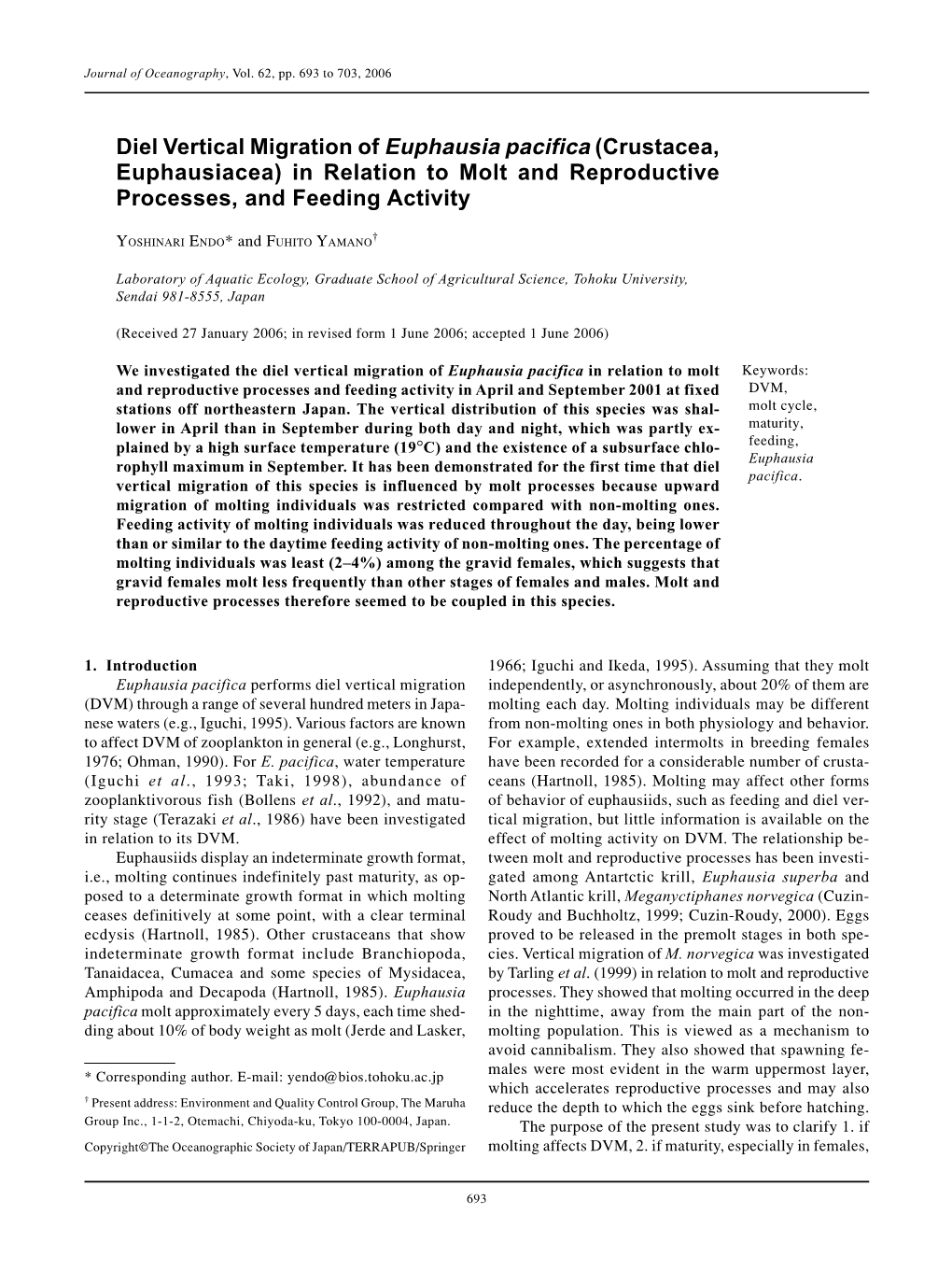 Diel Vertical Migration of Euphausia Pacifica (Crustacea, Euphausiacea) in Relation to Molt and Reproductive Processes, and Feeding Activity