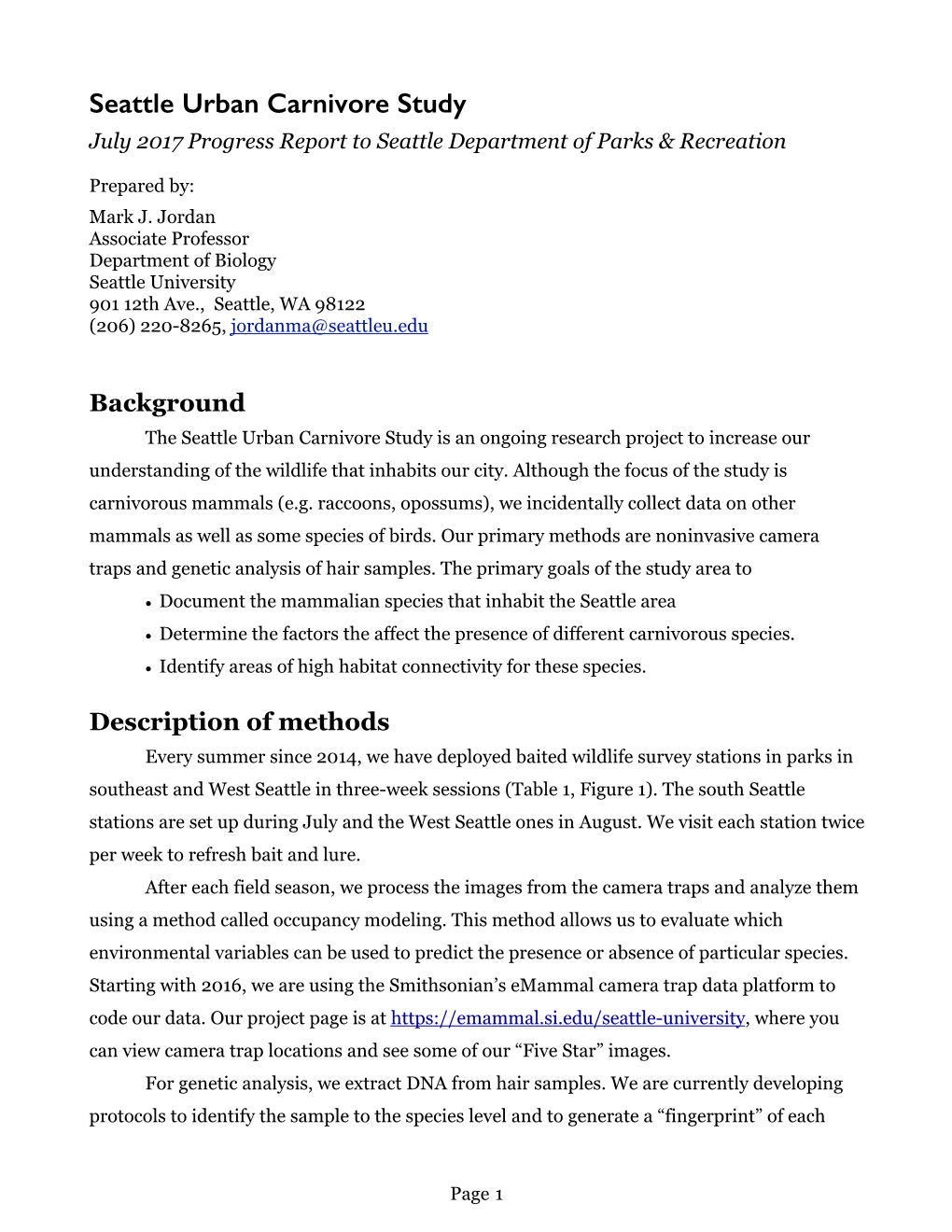 Seattle Urban Carnivore Study July 2017 Progress Report to Seattle Department of Parks & Recreation