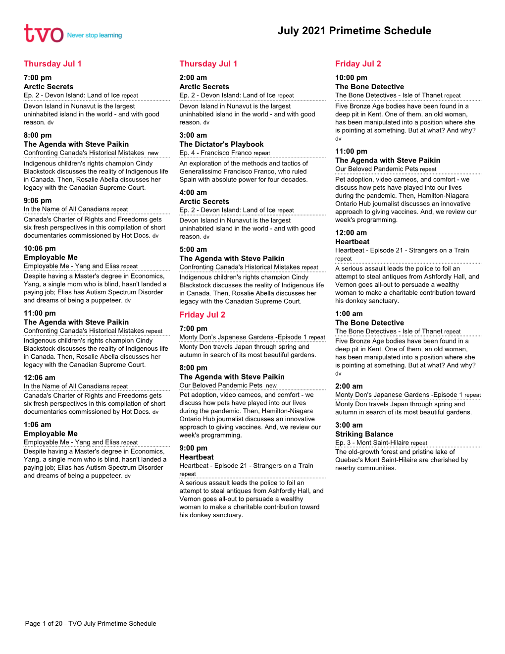 July 2021 Primetime Schedule