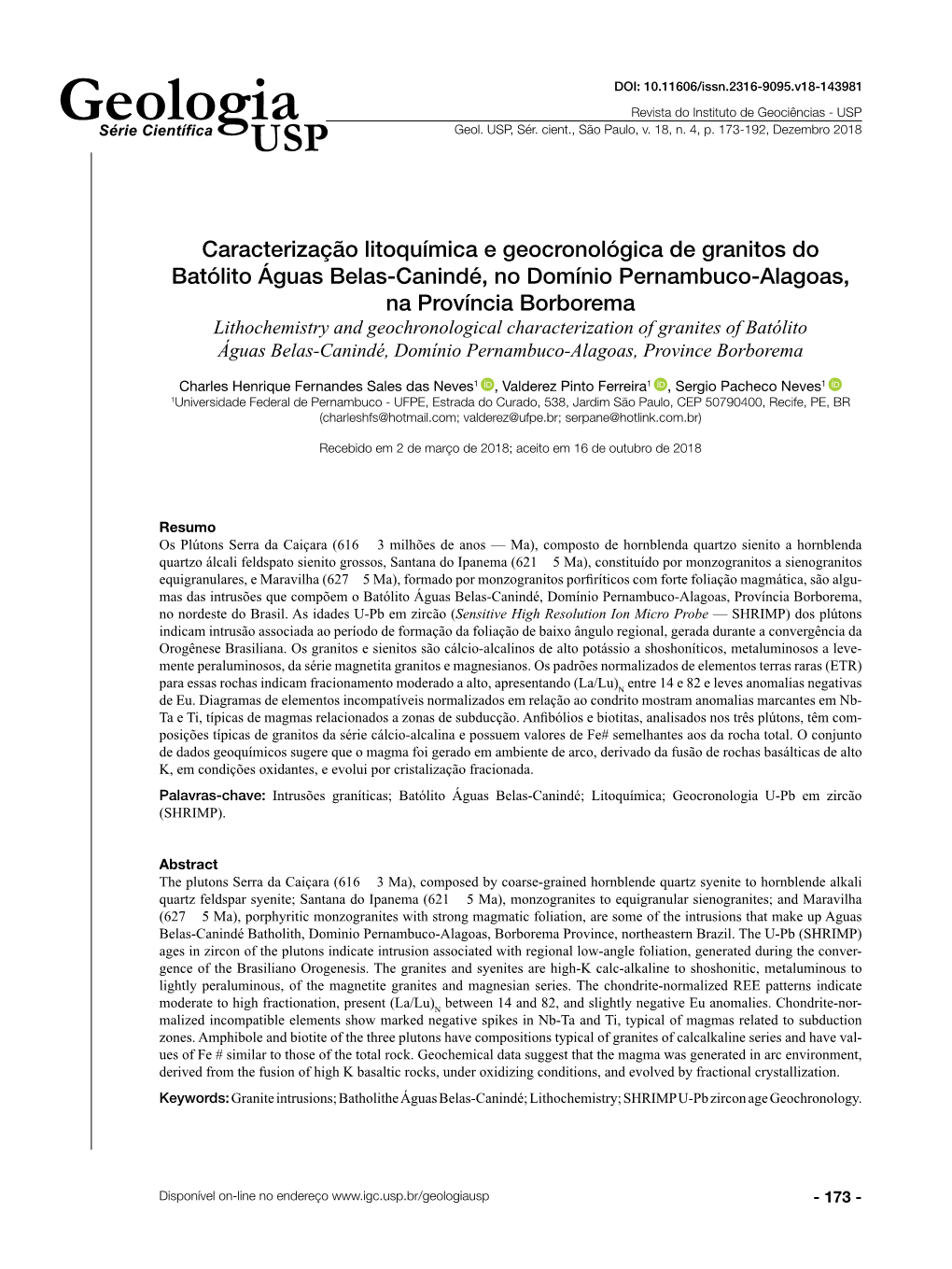 Caracterização Litoquímica E Geocronológica De Granitos Do Batólito Águas Belas-Canindé, No Domínio Pernambuco-Alagoas